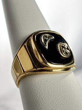 Antique 10K Gold Onyx Signet Ring Diamond 1930s Mens Size 8 - 6.1g Art Deco